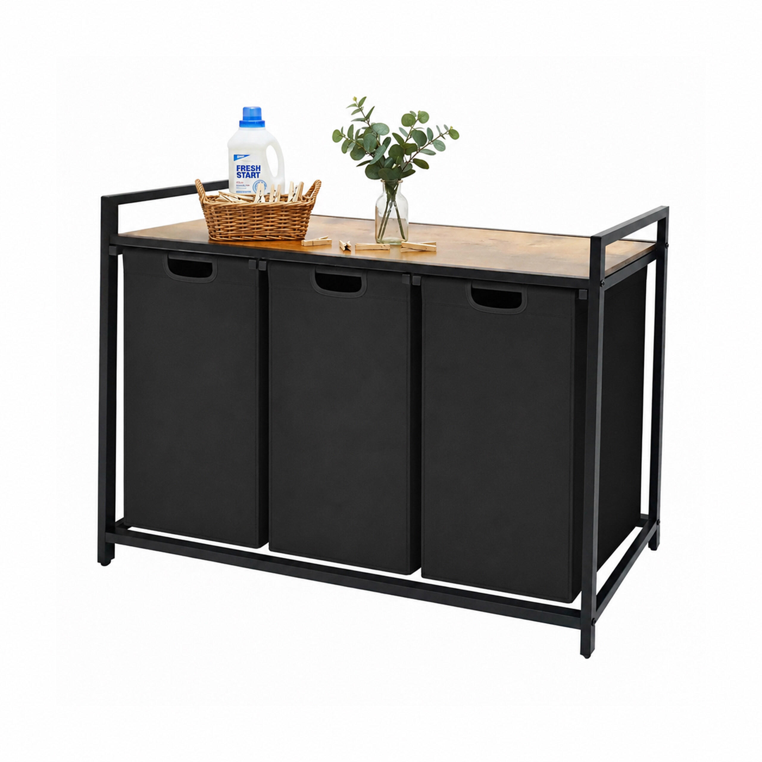 PRÁDELNÍK Černý 3 přihrádky s policí - černá, kov/kompozitní dřevo (109.5/73.5/33cm) - Relaxdays
