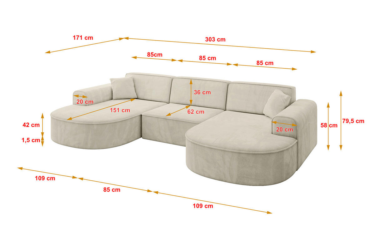 WOHNLANDSCHAFT MARI-U1 - 303x171x79 cm Ecru Velours - Ecru/Schwarz, Holzwerkstoff/Kunststoff (303/79/171cm) - ALTDECOR