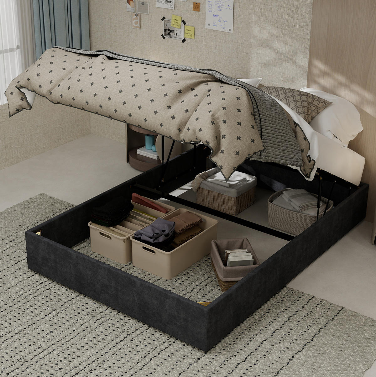 KREVET 140/200 cm s podiznim mehanizmom i stabilnom konstrukcijom, Siva - siva, tekstil (140/200cm) - Redom