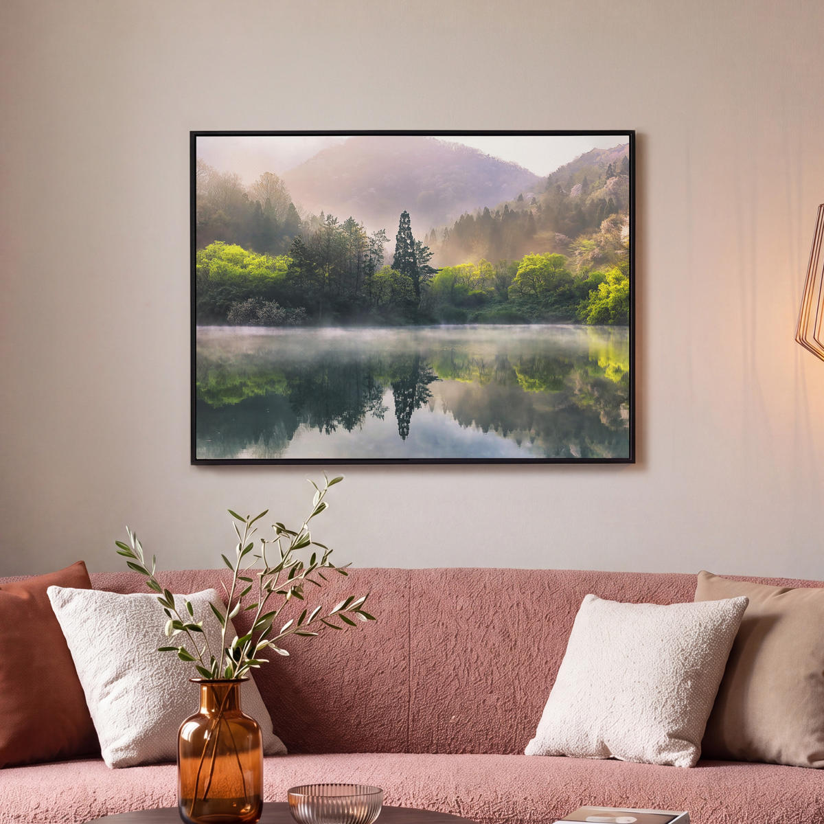 LEINWAND Bilder mit Rahmen - Natur - Bäume - Berge - See - Wasser - 70x50 - Hellgrün, Textil (70/50cm) - MuchoWow