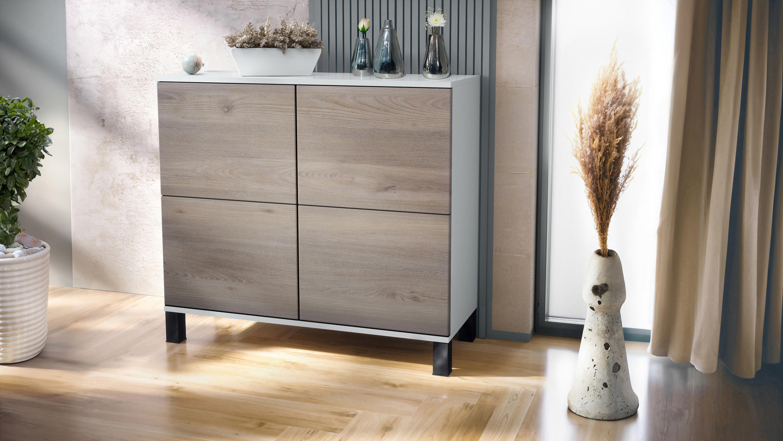 KOMMODE Rova Eiche Nordic - Silbereichenfarben, Holzwerkstoff (92.5/84.5/35cm) - Vladon