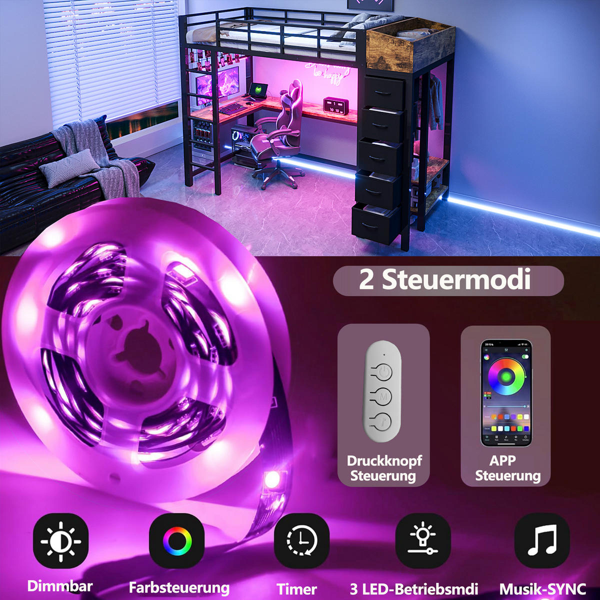 HOCHBETT 90x200cm Metall Gaming Schreibtisch LED USB Schwarz - Schwarz, Metall (90/200cm) - FLIEKS
