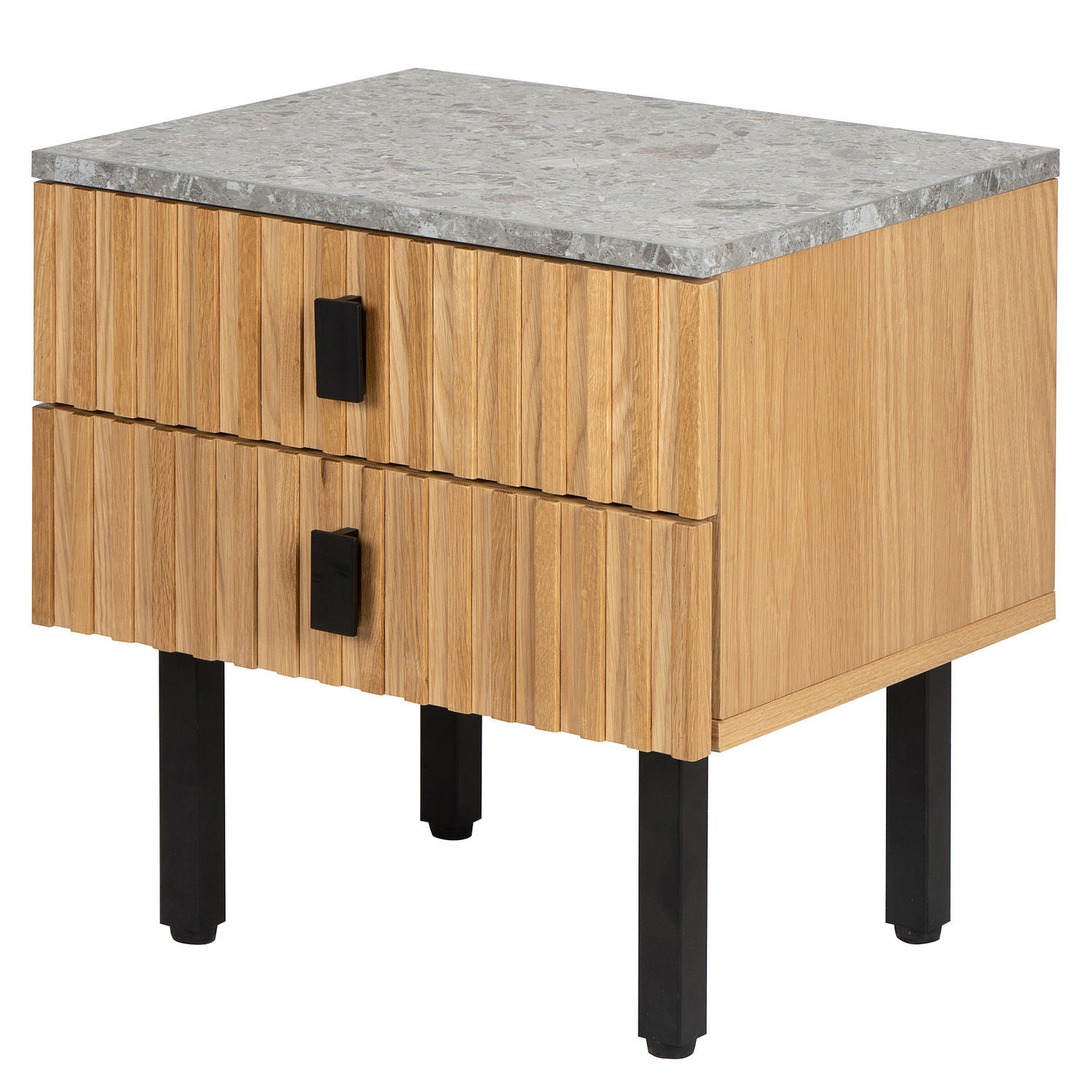 NACHTKOMMODE - Echtholzfurnier - Terazzo Dekor / Eiche - Eichefarben/Schwarz, Holzwerkstoff/Metall (48/50/40cm) - home24