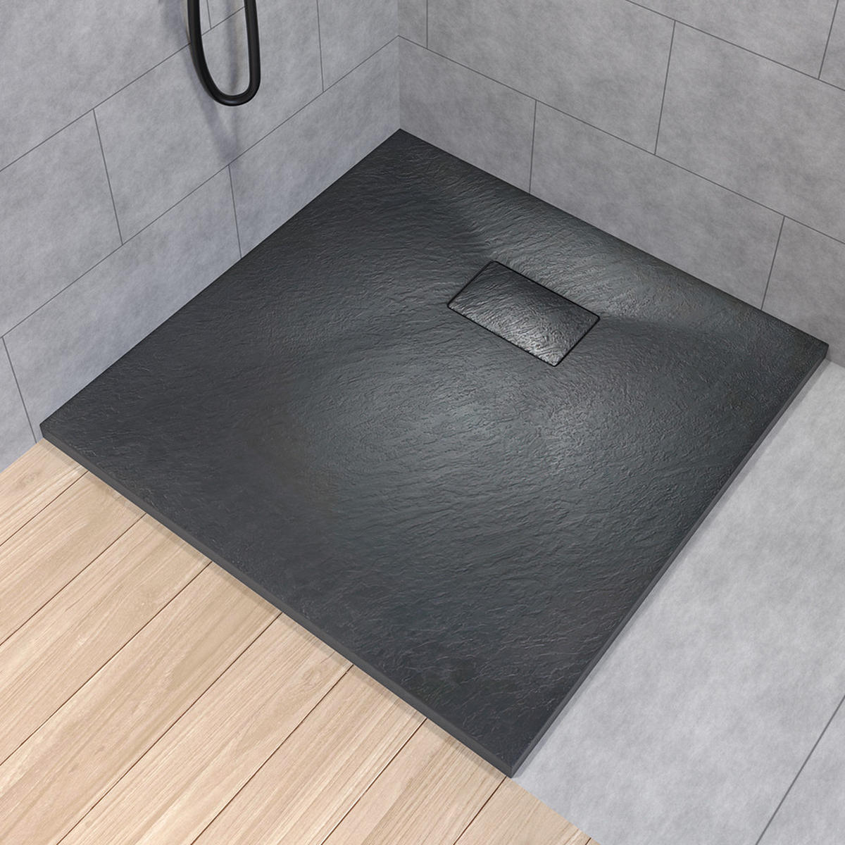 DUSCHWANNE vidar quadratisch schwarz, Steinoptik, 2-tlg. Set mit Ablaufgarnitur, 90/90/3,2 cm - Schwarz, Kunststoff (90/90/3.2cm) - bad land