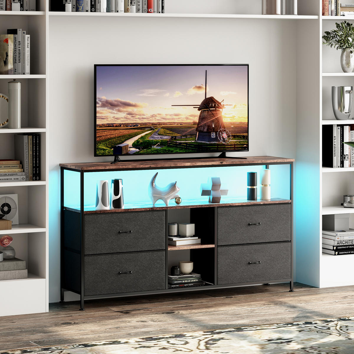 TV-SCHRANK 108 cm, LED, Holzoptik Tiger, 4 Stoffschubladen PU, Metallrahmen, höhenverstellbare Füße - Schwarz, Holz (108/76.8/29.8cm) - EuroLiving