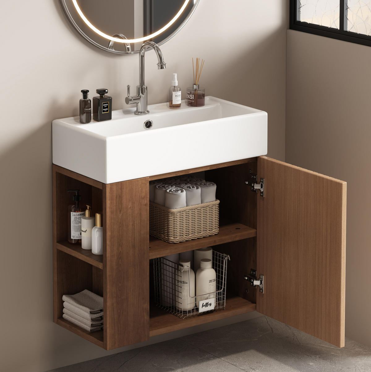 WASCHTISCHKOMBI 55 cm in Braun mit Keramikbecken und Seitenablagen - Braun, Holzwerkstoff (55/66.5/31cm) - Flora Grace