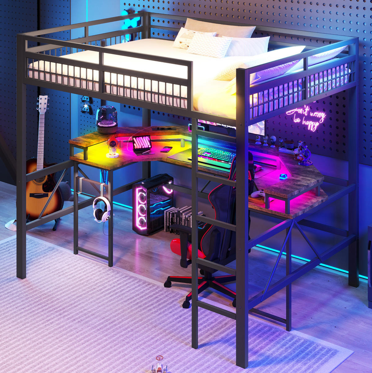 HOCHBETT 140/200 cm schwarz aus Metall mit Schreibtisch und LED - Schwarz, Metall (140/200cm) - OKWISH