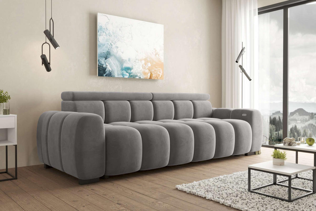 BIGSOFA ALESSIO Velours Silberfarben mit elektrischer Sitztiefenverstellung - Silberfarben, Kunststoff/Textil (248/77/108cm) - 99rooms