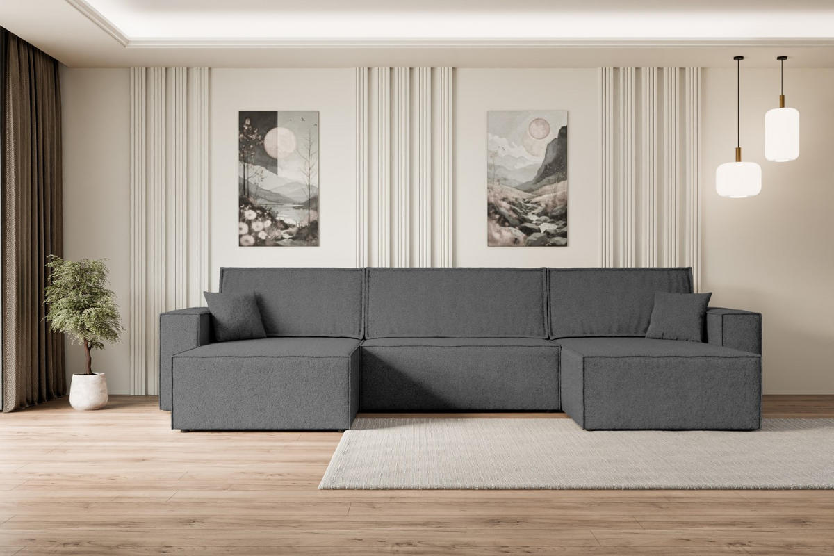 WOHNLANDSCHAFT mit Schlaffunktion und Bettkasten CELTIC-XLU - 377x143x83 cm Grau Bouclé - Schwarz/Grau, Holzwerkstoff/Kunststoff (377/83/143cm) - ALTDECOR