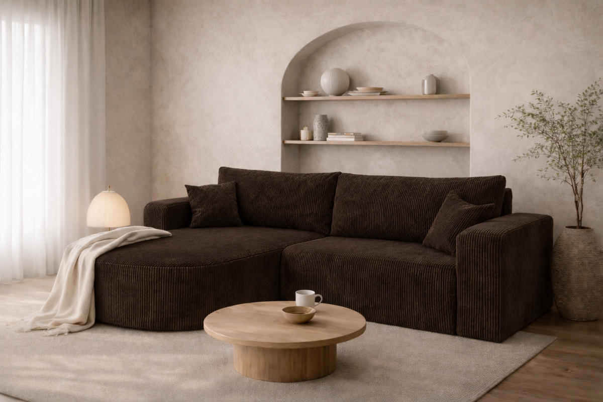 ECKSOFA Mit Schlaffunktion, Cordstoff Poso, Braun, Links, ROUND ONE - Braun, Holz (244/175cm) - Kaiser Möbel