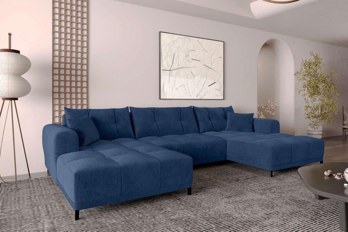 WOHNLANDSCHAFT Massimo Cordstoff Blau inkl. Schlaffunktion - Blau/Schwarz, Textil/Metall (356/94/181cm) - 99rooms