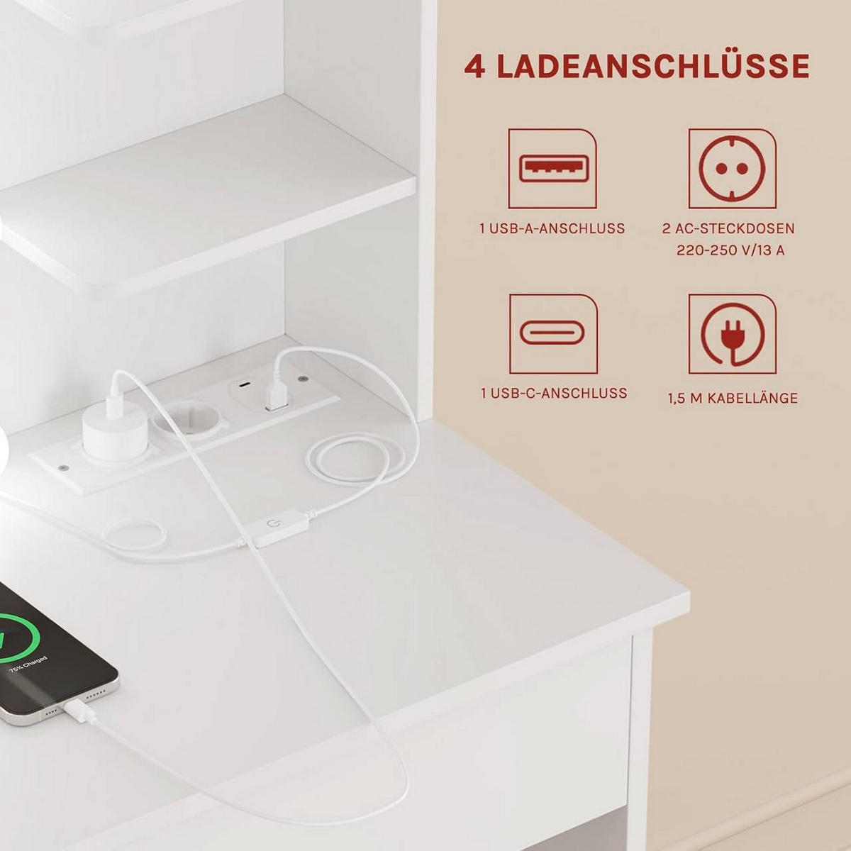 SCHMINKTISCH mit LED-Beleuchtung, 2 Schubladen, Weiß - Weiß, Glas/Holzwerkstoff (90/135/40cm) - Woltu
