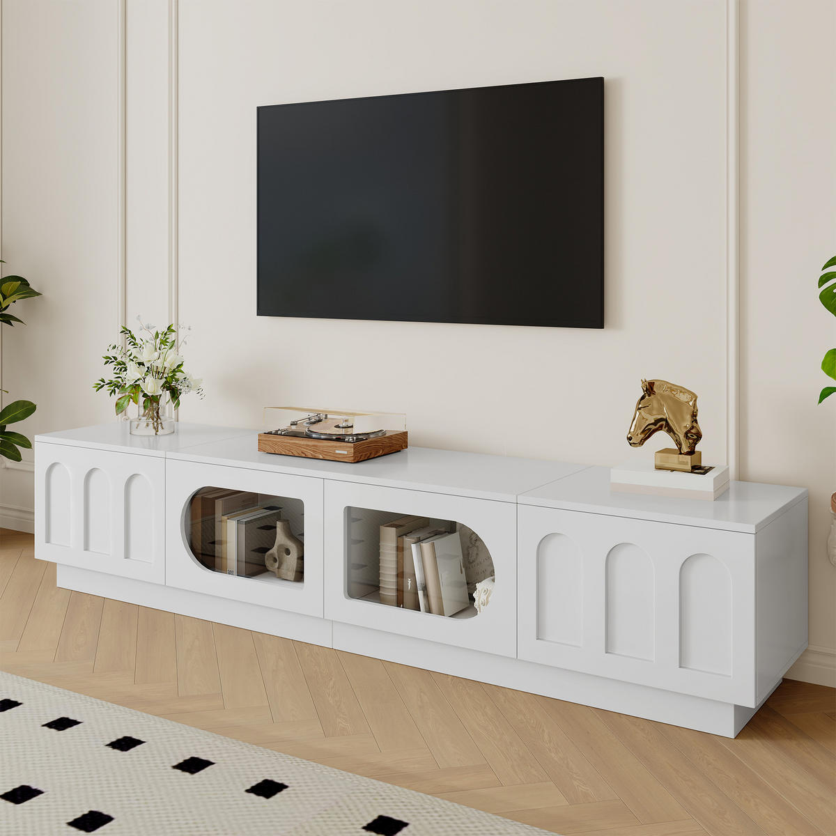 TV-LOWBOARD mit LED, APP-Steuerung, Glastür und Bogentür - Weiß, Holzwerkstoff (200/42/40cm) - FLIEKS