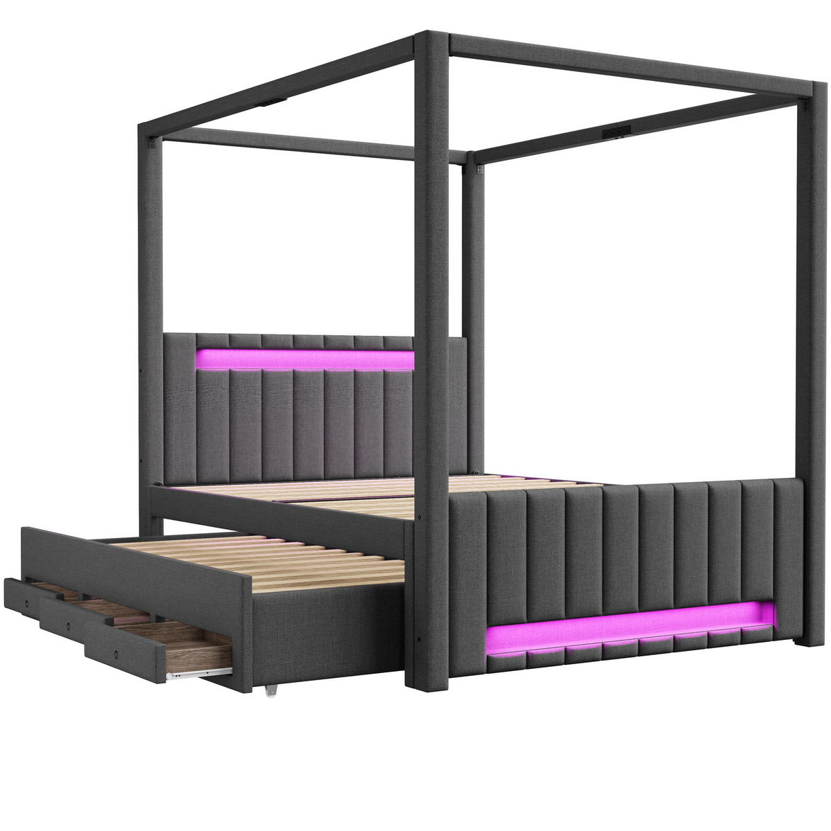 HIMMELBETT 140x200 cm mit Ausziehbett, drei Schubladen und 7-farbiger LED-Beleuchtung, gepolstert, grau - Grau, Holzwerkstoff (140/200cm) - Luhomfu