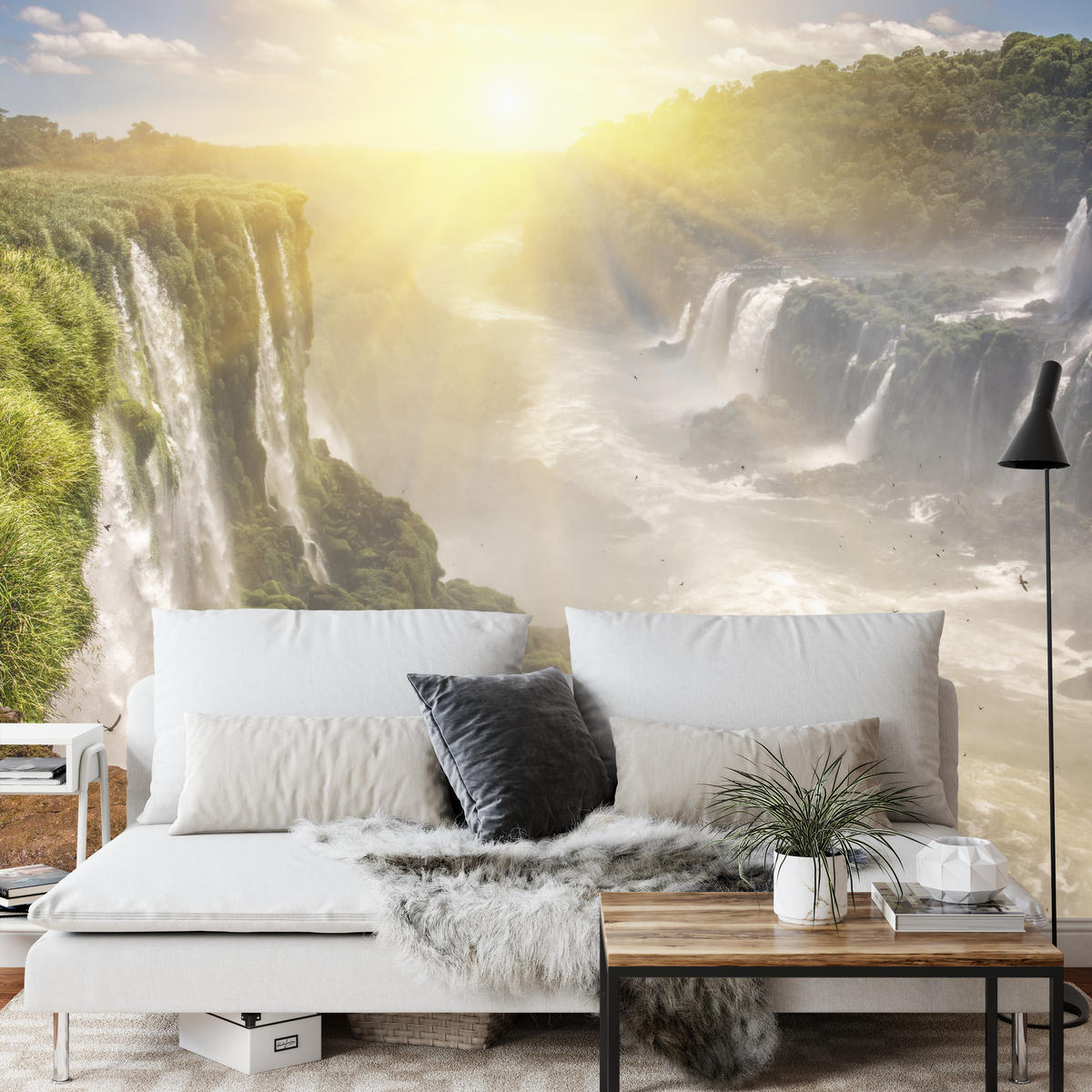 FOTOTAPETE für Wohnzimmer Wasserfall Sonnenaufgang Pflanzen 300x210 - Gelb/Beige, Papier (300/210cm) - Muralo