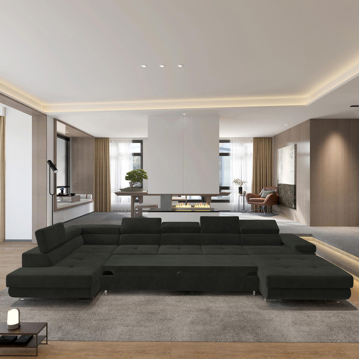 WOHNLANDSCHAFT TORIVA L-S Schwarz Velours-Stoff mit Schlaffunktion - Schwarz, Holz (418/90/202cm) - MASSENO