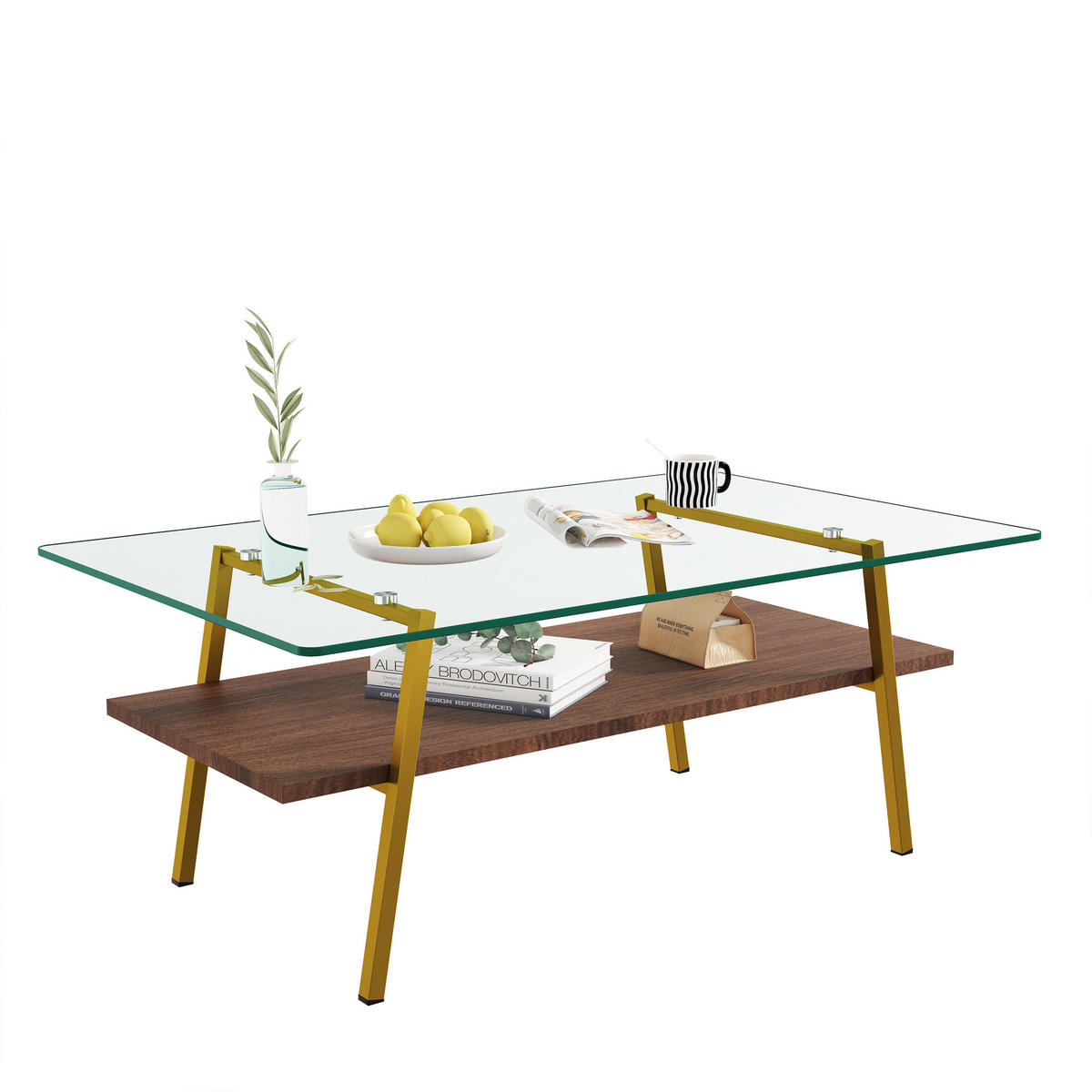 COUCHTISCH Gold/Braun aus gehärtetem Glas und MDF 98/58/42,5 cm - Altrosa, Holzwerkstoff (58/98/42.5cm) - PANGIVO