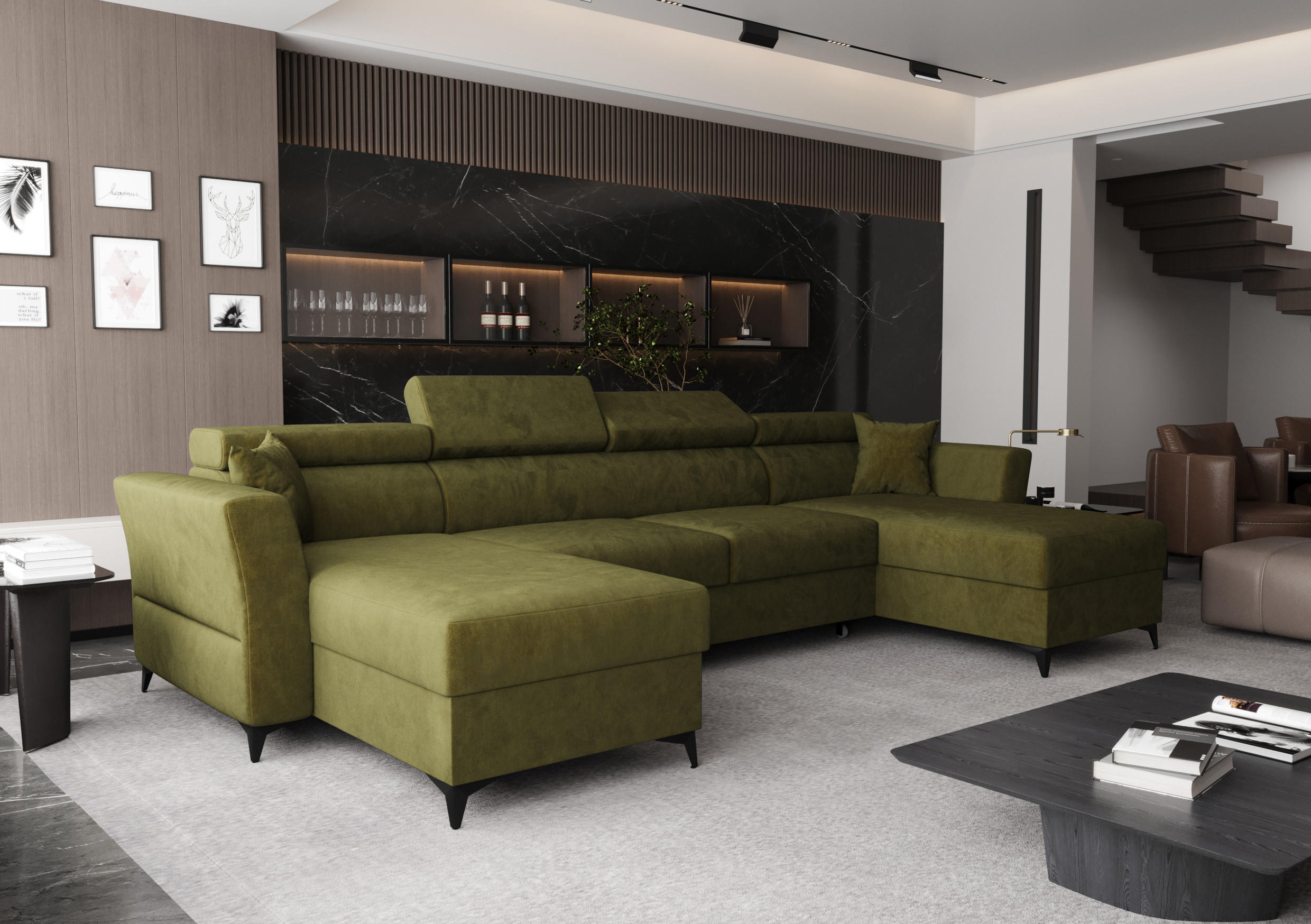 WOHNLANDSCHAFT Ribella Olivgrün 345/180/100 cm mit Schlaffunktion - Schwarz/Grün, Textil/Metall (345/100/180cm) - AX Living