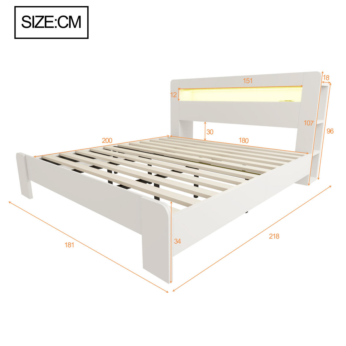 RAHMENBETT 180/200 cm in Weiß mit Stauraum, LED und Steckdosen - Weiß, Holz/Holzwerkstoff (180/200cm) - WISHDOR