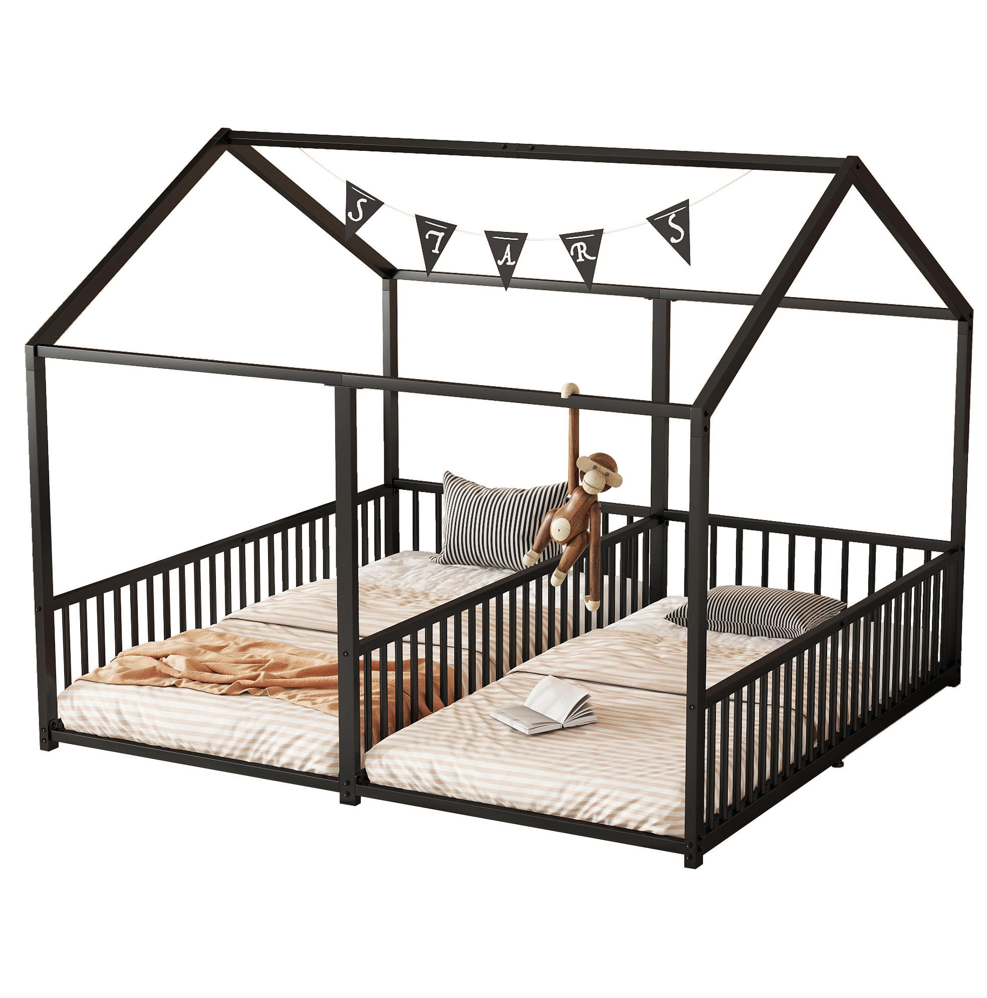 METALLBETT 90/200 cm in Schwarz mit Leiter und Sicherheitsgeländer im Hausbett-Design - Schwarz, Metall (90/200cm) - Flora Grace
