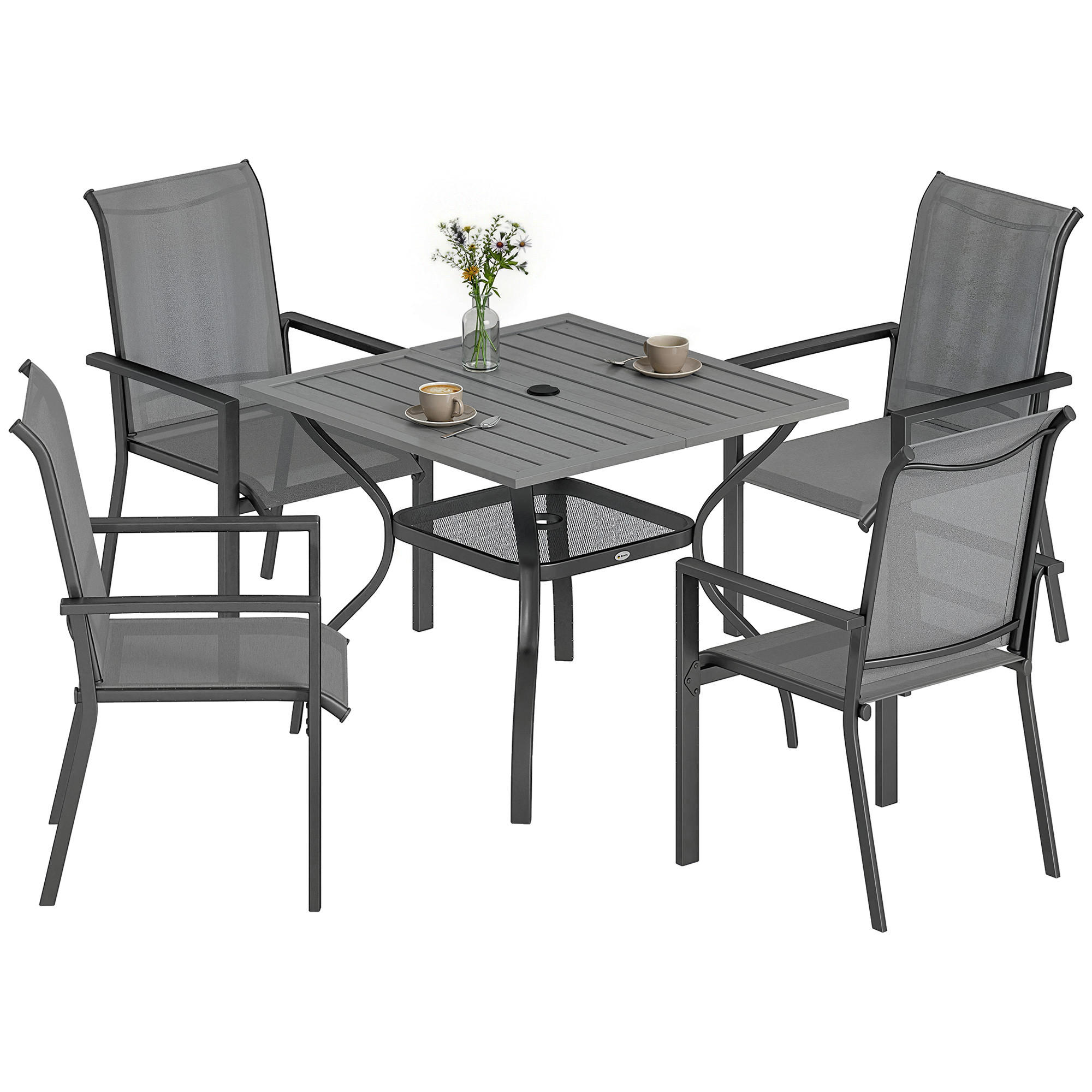 GARTENMÖBELSET 5-teilig,Stahltisch mit Mittelloch+4 stapelbare Stühle,grau - Grau, Metall - Vallsero
