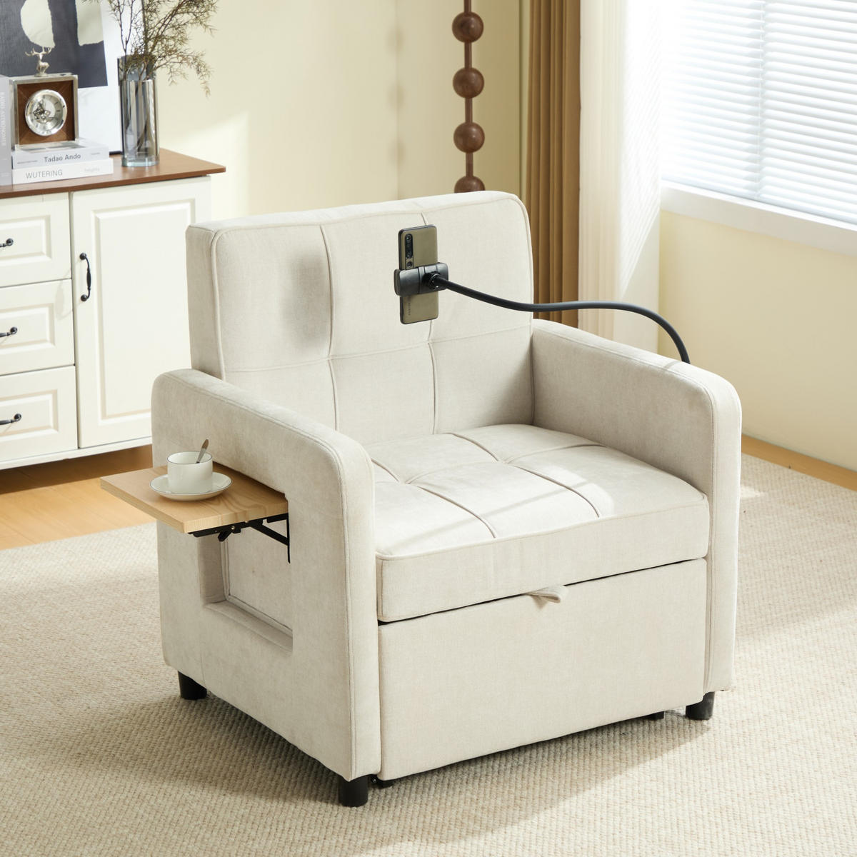 FERNSEHSESSEL 2 in 1 Relaxsessel,Polsterliege mit Schlaffunktion, Stauraum,Chenille,Beige - Beige, Textil (79/83/167cm) - LVHOM