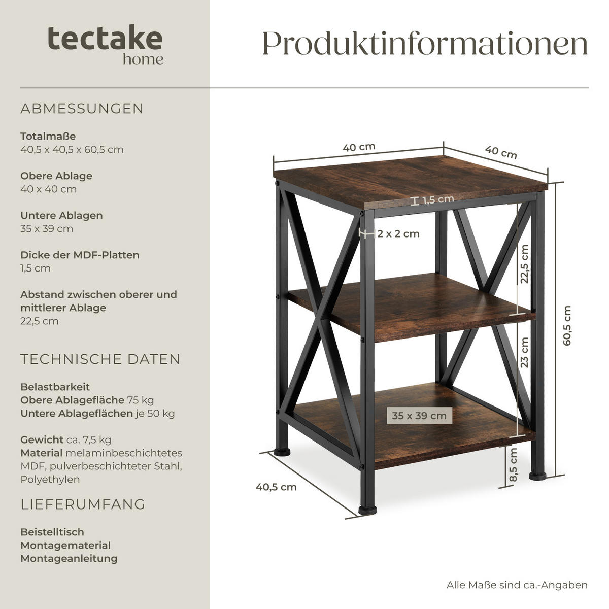 BEISTELLTISCH Nottingham,40,5 x 40,5 x 60,5 cm,Industrial Holz dunkel, rustikal - Rostfarben, Holz (40.5/40.5/60.5cm) - tectake