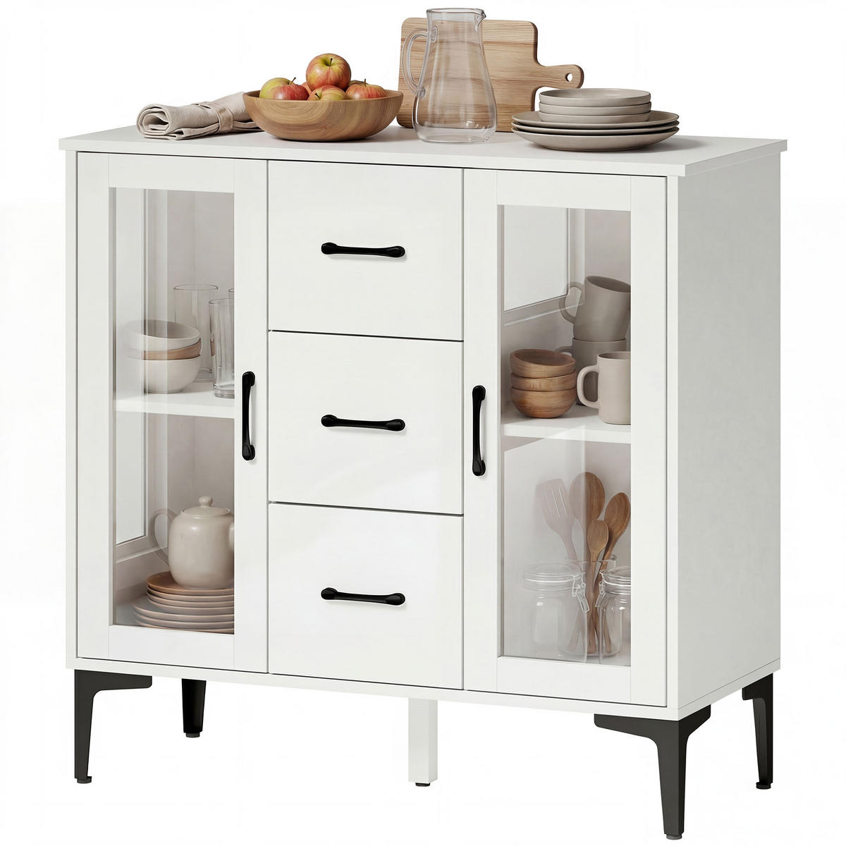 SIDEBOARD Weiß, 3 Schubladen, 2 Glastüren, 90/38/86 cm - Weiß, Holz (90/86/38cm) - PANGIVO
