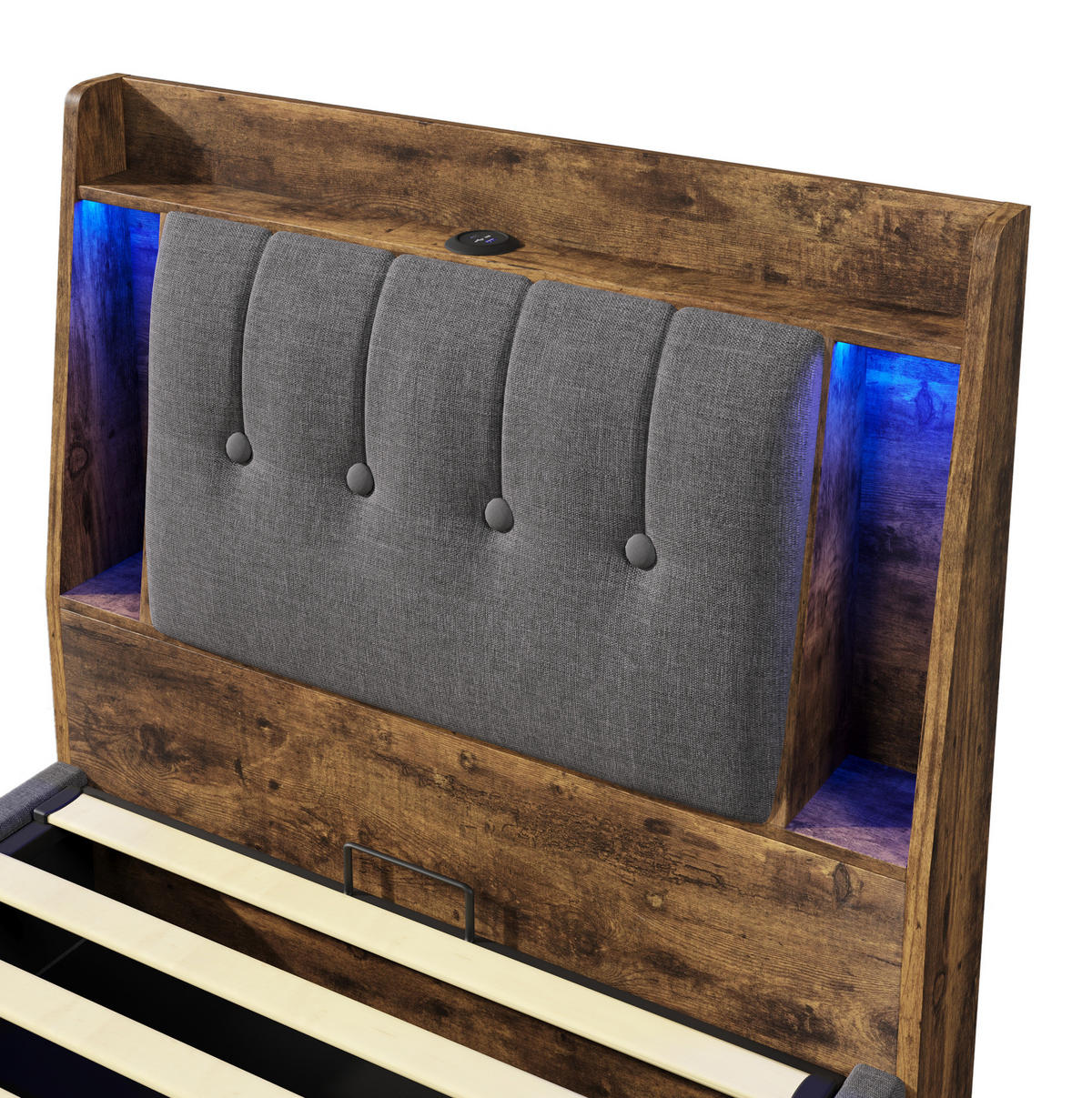 POLSTERBETT mit Stauraum, USB und LED 90x200 cm Leinen Grau - Grau, Metall (90/200cm) - Meubliv