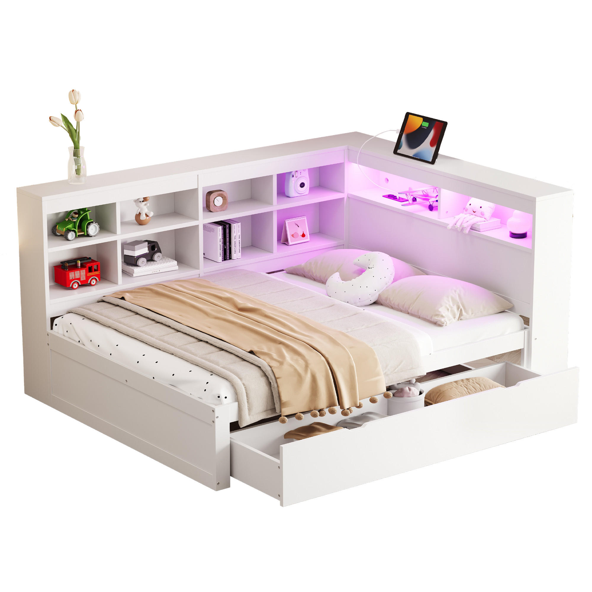 MULTIFUNKTIONSBETT 140/200 cm mit großem Stauraum und USB-Anschluss - Weiß, Holz (140/200cm) - OKWISH