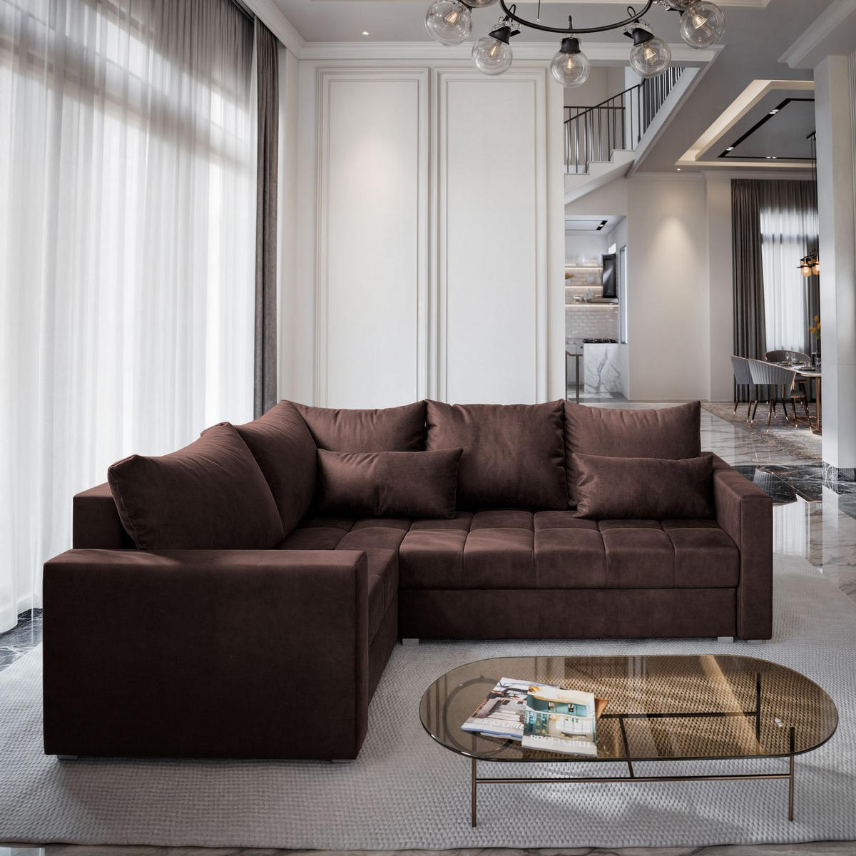 ECKSOFA LIRENO L-S Braun Plüsch-Stoff mit Schlaffunktion - Braun, Holz (220/153cm) - MASSENO