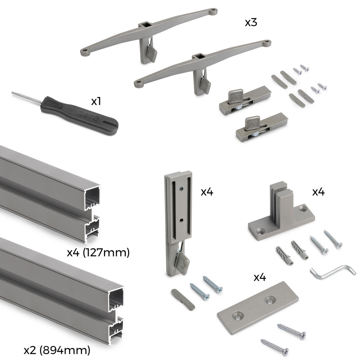 MODULAR Zero frame set mit Wandhalterungen, Aluminium und Zamak, Steingrau lackiert - Grau, Metall (1/90/22.7cm) - EMUCA