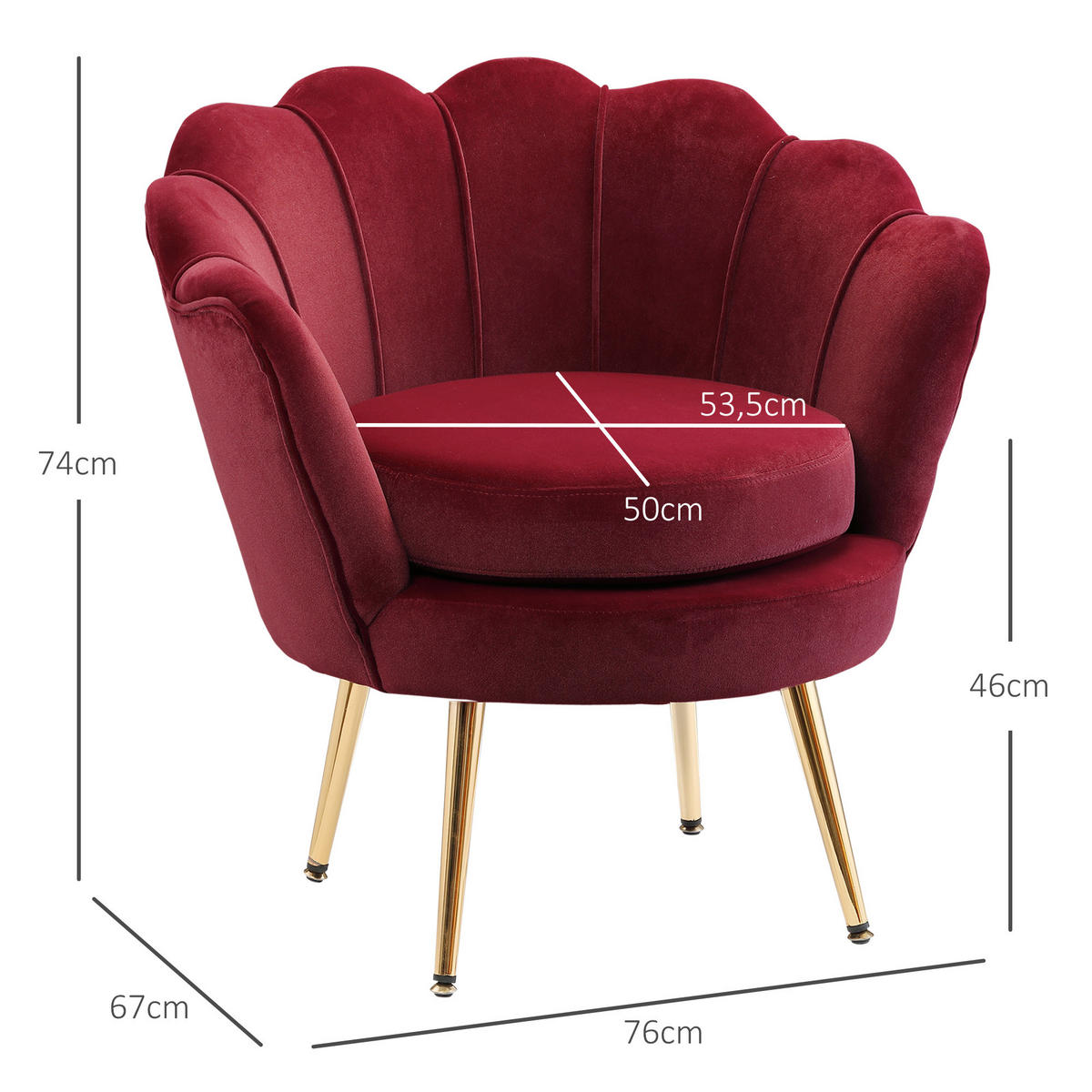 SESSEL DE-13421 Muschelform mit Samt & goldenen Metallfüßen Rot - Weinrot, Textil (67/74/76cm) - ComfortXL