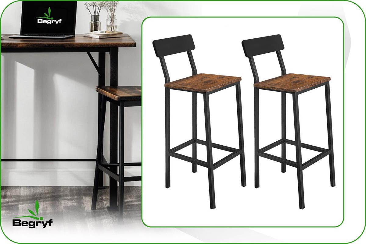 BARHOCKER 2er-Set mit Lehne Metall Dunkelbraun Schwarz 40/30/90 cm - Dunkelbraun/Schwarz, Holzwerkstoff/Metall (30/90/40cm) - Begryf