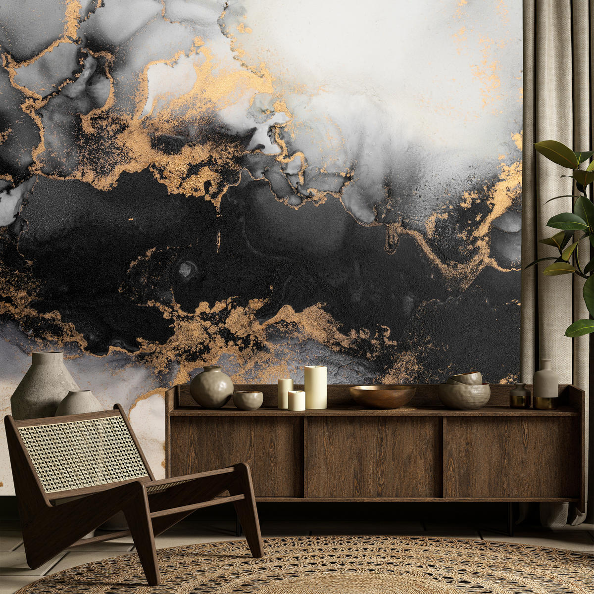 FOTOTAPETE für Wohnzimmer Marmor Klassisch Gold Akzente 100x70 - Gelb/Beige, Papier (100/70cm) - Muralo