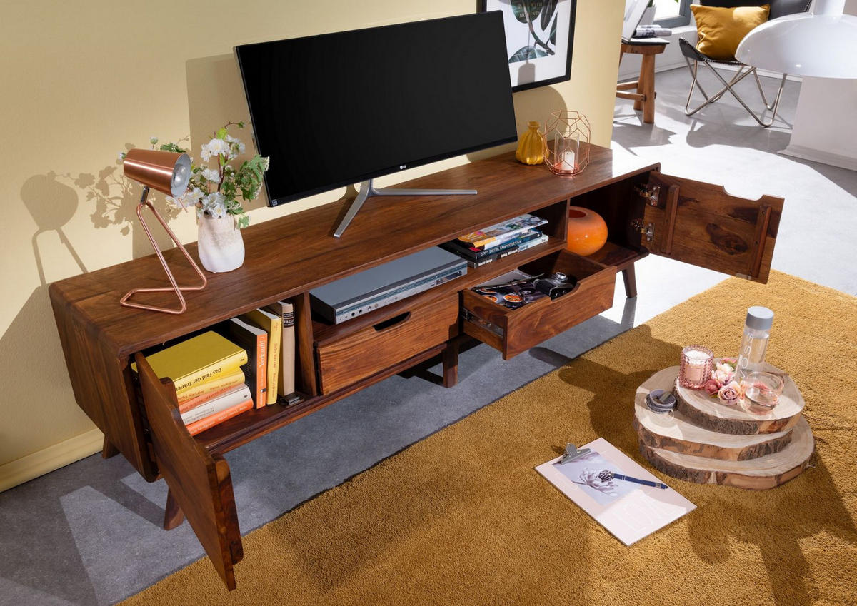 TV-BOARD Sheesham 180x40x48 walnuss gewachst MALMÖ 2 #121 - Dunkelbraun, Holz (180/48/40cm) - Massivmoebel24