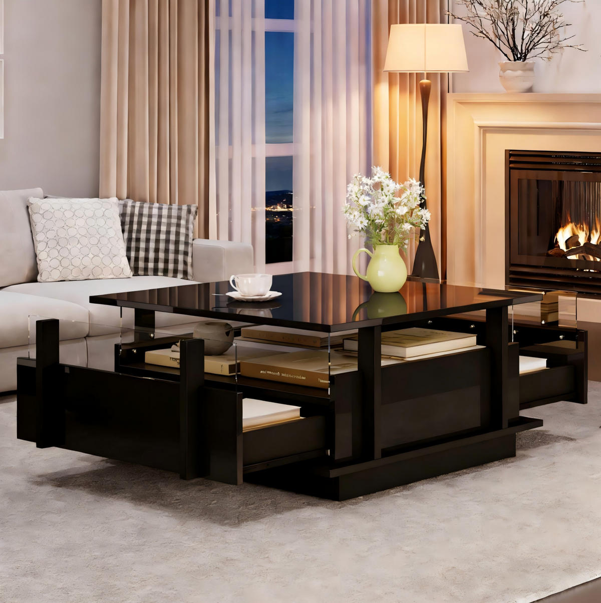 COUCHTISCH in Schwarz Sofatisch Hochglanz mit 2 Schubladen,LED & Acryl-Trennwand, Sofatisch für Wohnzimmer,B70/T70/H35cm - Schwarz, Holzwerkstoff/Metall (70/70/35cm) - STILVORA