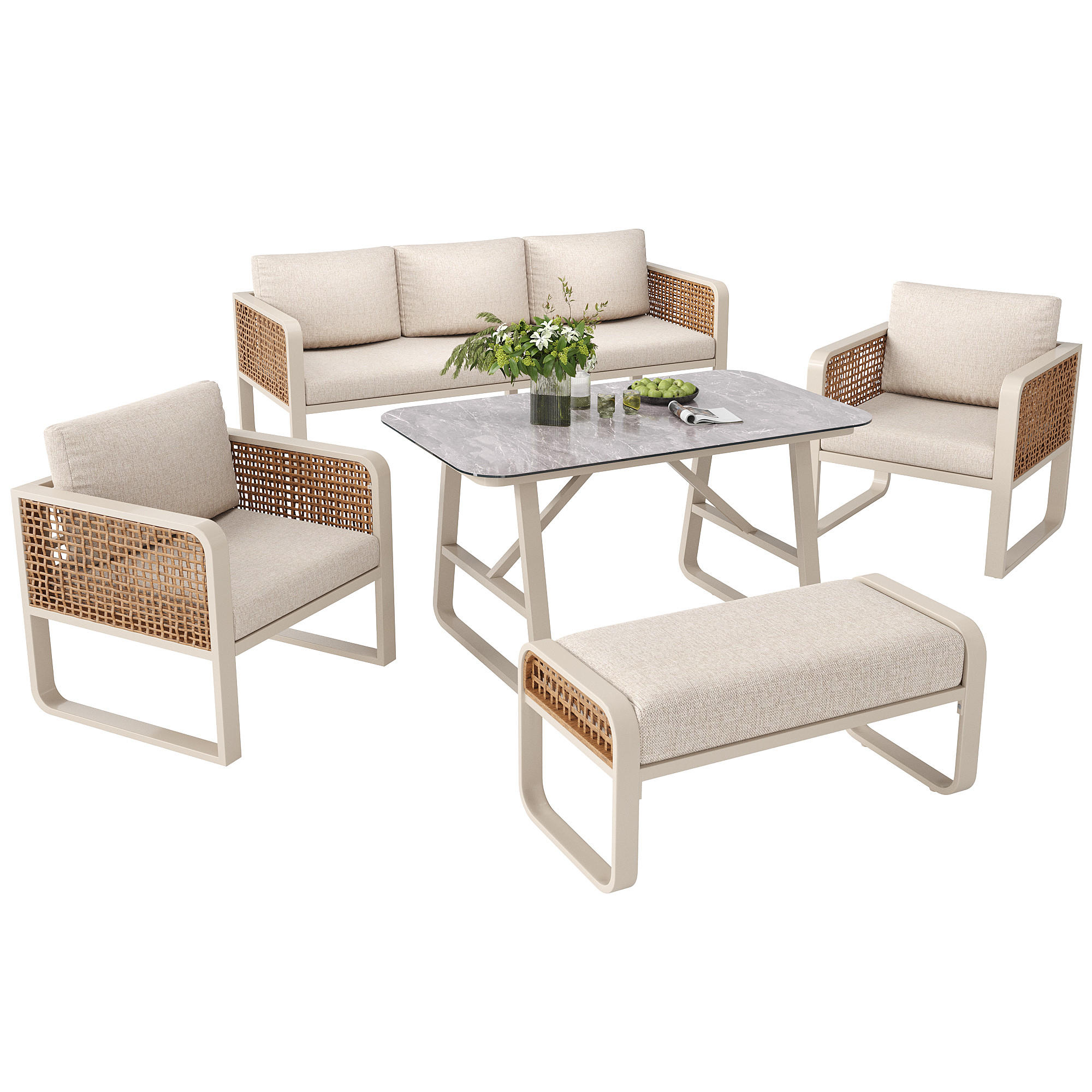 GARTENLOUNGE-SET für 6-7 Personen Gartenmöbel Set 1 Tisch Ecksofa mit Sitz&Rückenkissen - Beige/Grau, Textil/Metall - STILVORA