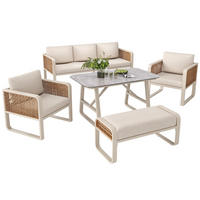GARTENLOUNGE-SET für 6-7 Personen Gartenmöbel Set 1 Tisch Ecksofa mit Sitz&Rückenkissen - Beige/Grau, Textil/Metall - STILVORA