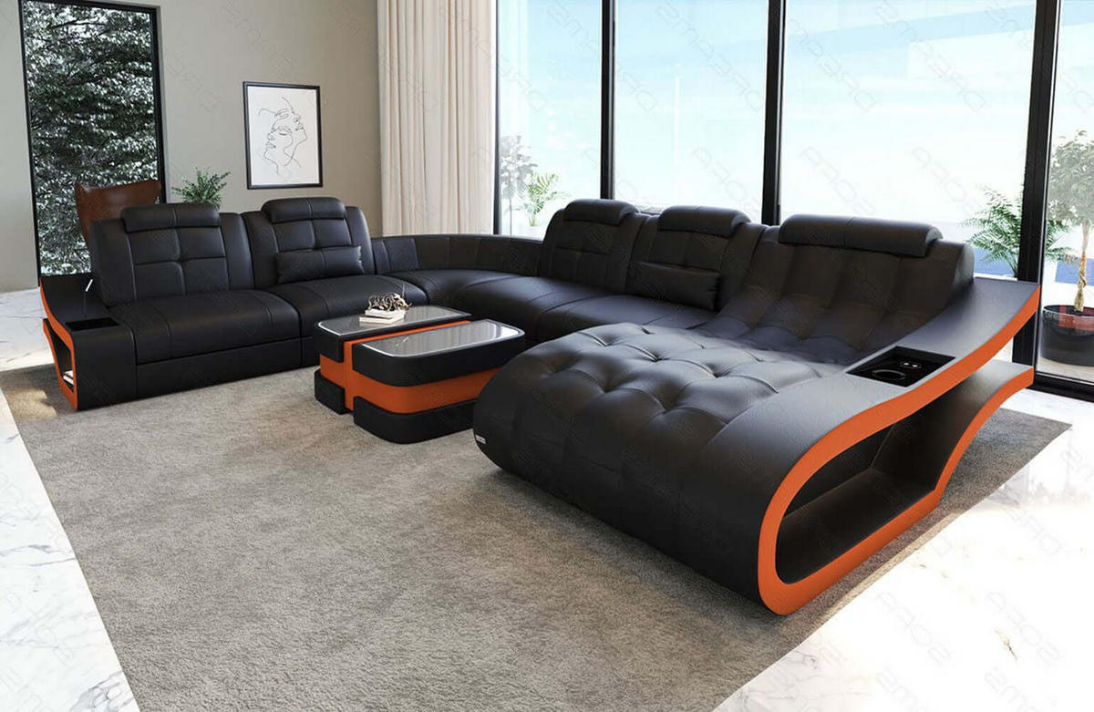 WOHNLANDSCHAFT Elegante Schwarz Orange Echtleder - Schwarz, Leder (379/91/283cm)