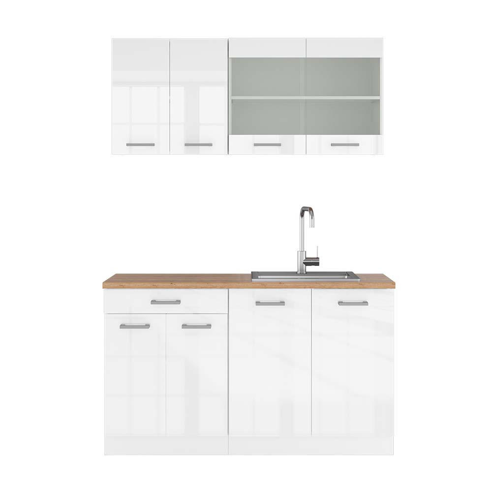 KÜCHENZEILE R-Line Weiß Hochglanz/Weiß 140 cm, AP Eiche - Weiß Hochglanz/Weiß, Holzwerkstoff (140/81.6/60cm) - Vicco