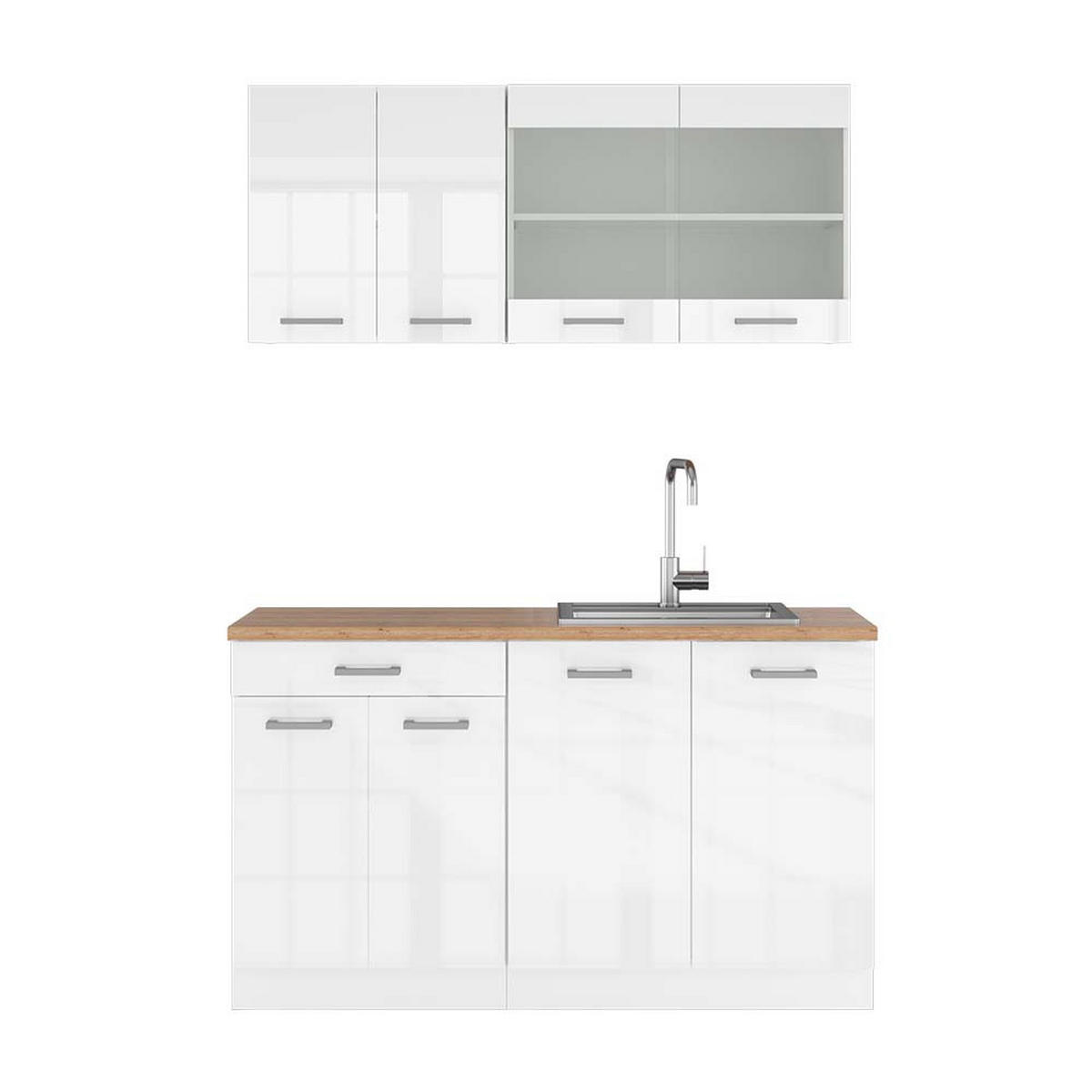 KÜCHENZEILE R-Line Weiß Hochglanz/Weiß 140 cm, AP Eiche - Weiß Hochglanz/Weiß, Holzwerkstoff (140/81.6/60cm) - Vicco