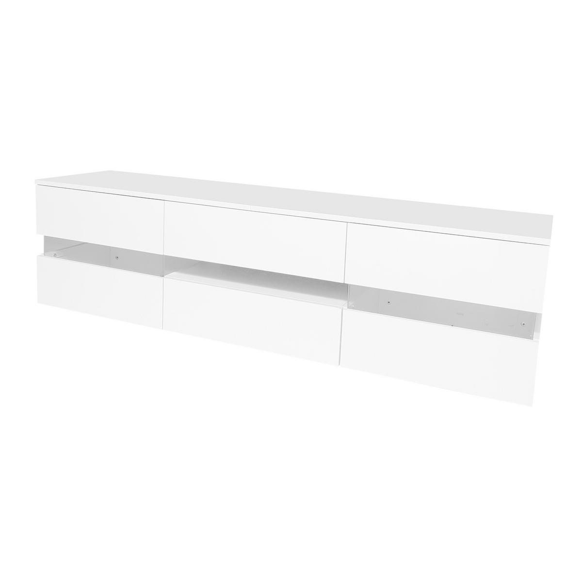 TV-LOWBOARD aus Spanplatte 160x39x45 cm Weiß mit LED-Beleuchtung, Drucköffnung und Hochglanzfront - Weiß, Holzwerkstoff (160/45/39cm) - Modfu