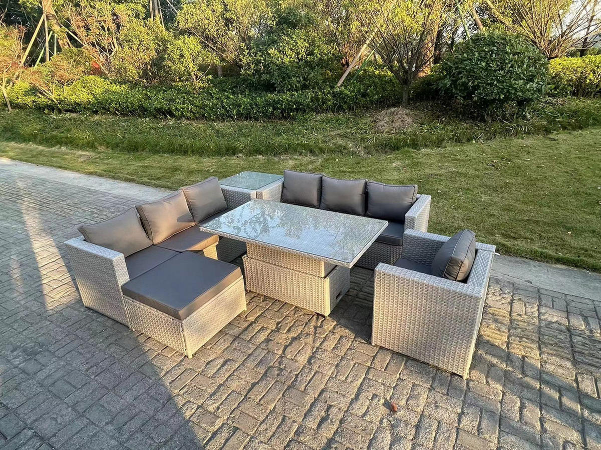 GARTENMÖBEL SET Polyrattan Helles Grau 8-Sitzer - Hellgrau, Metall - Fimous