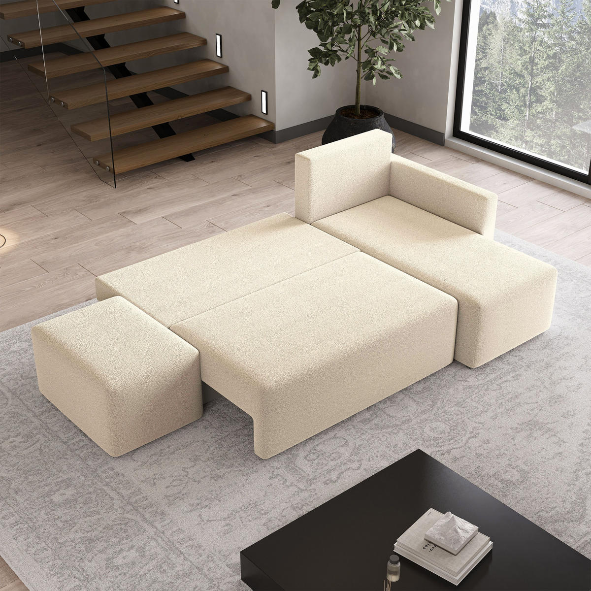 ECKSOFA VELOTTI R-S Creme Boucle-Stoff mit Schlaffunktion - Creme, Holz (261/143cm) - MASSENO