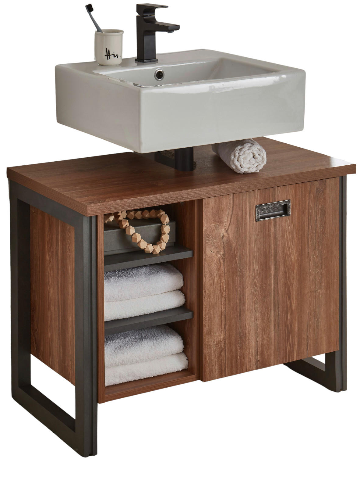 XXXLutz Waschbeckenunterschrank Eiche, Grau 81x62x40 cm