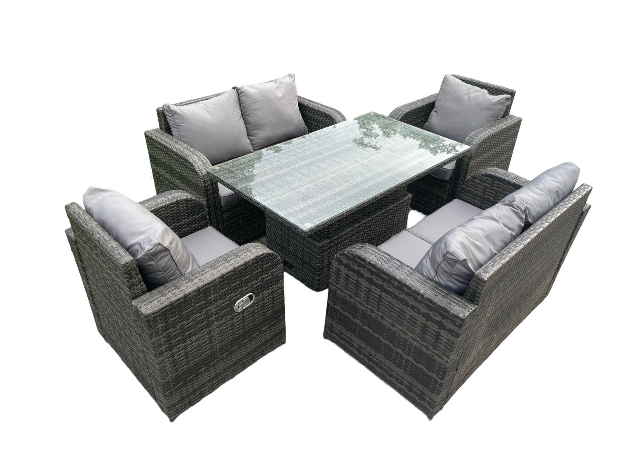 GARTENMÖBEL-SET Polyrattan 6-Sitzer mit höhenverstellbaren Tisch - Dunkelgrau/Grau, Glas/Kunststoff - Fimous