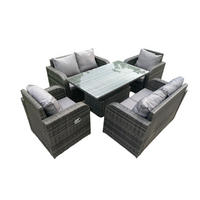 GARTENMÖBEL-SET Polyrattan 6-Sitzer mit höhenverstellbaren Tisch - Dunkelgrau/Grau, Glas/Kunststoff - Fimous