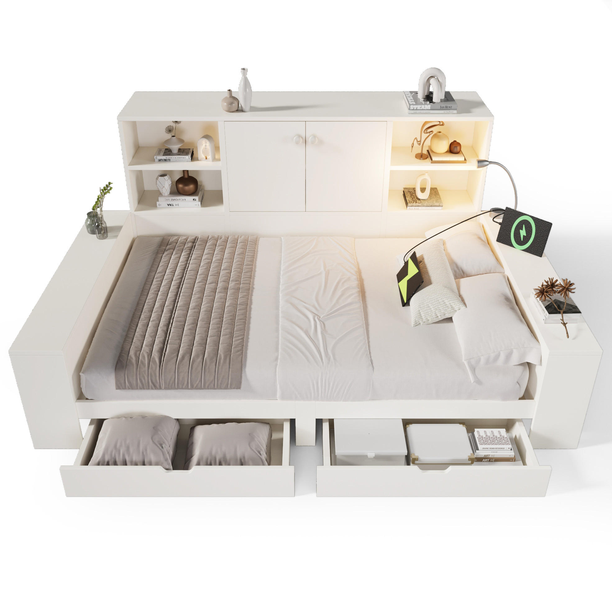 JUGENDBETT Stauraumbett 140/200 cm aus MDF und Sperrholz mit USB-Anschlüssen und Schubladen Weiß - Weiß, Holzwerkstoff (140/200cm) - Modenvie