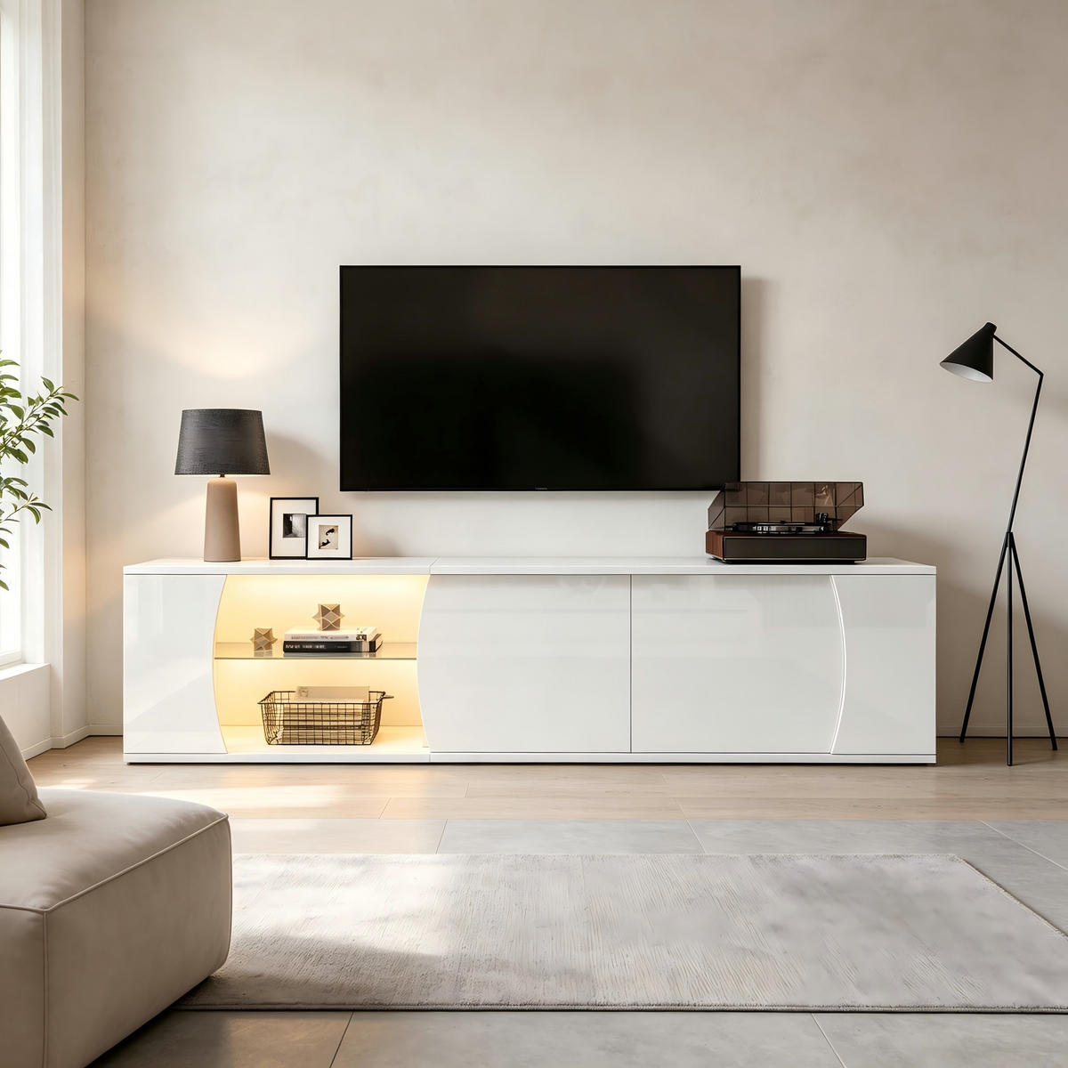 TV-SCHRANK weiß aus Spanplatte mit Hochglanzoberfläche und App-gesteuerter USB-LED 180 × 40 × 45 cm - Weiß, Holzwerkstoff (180/45/40cm) - Luhomfu